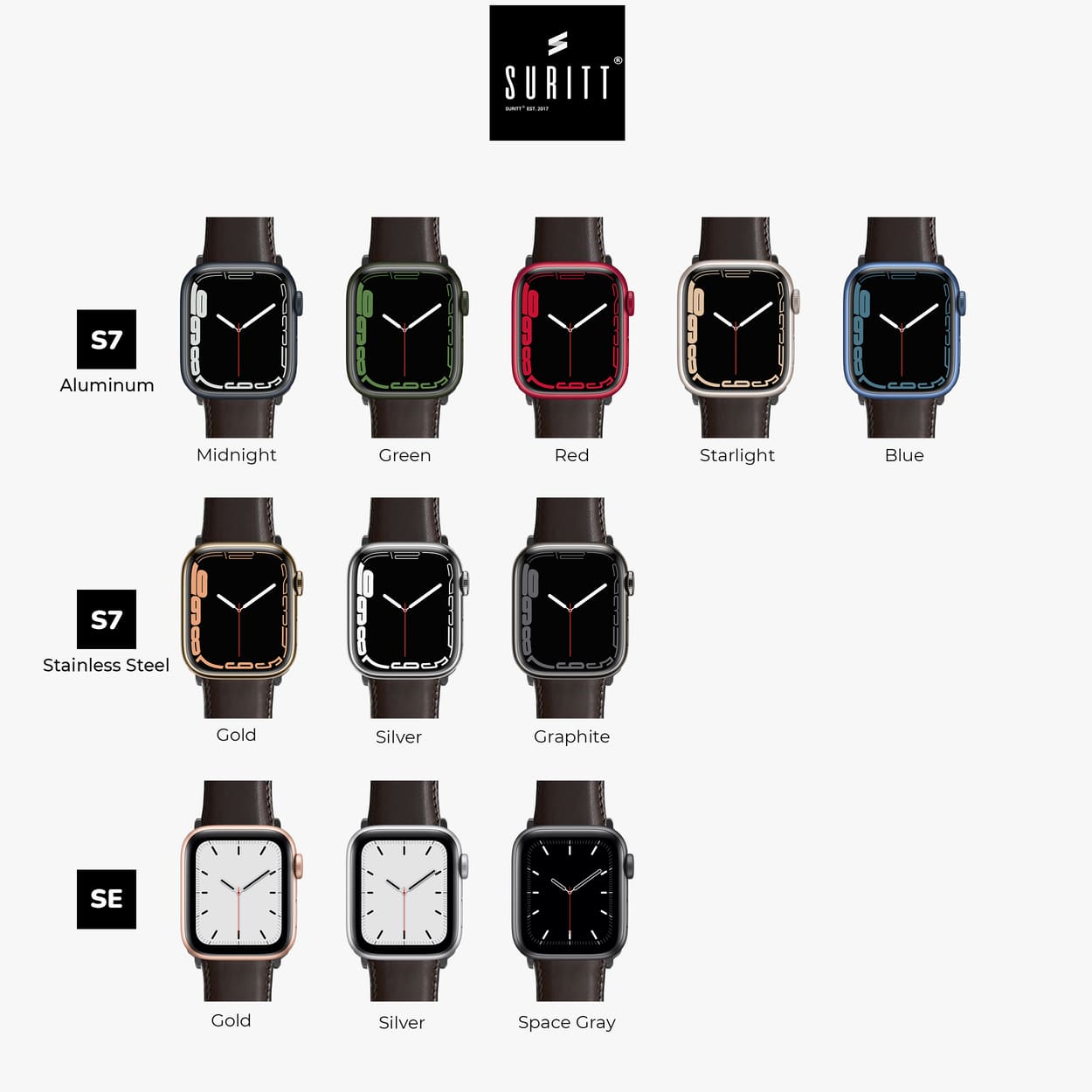 horus dark brown band with black buckle in each apple watch colors